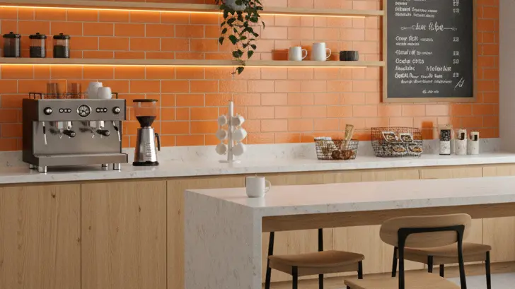Orange subway tile wall with horizontal stacked pattern in cafe interior