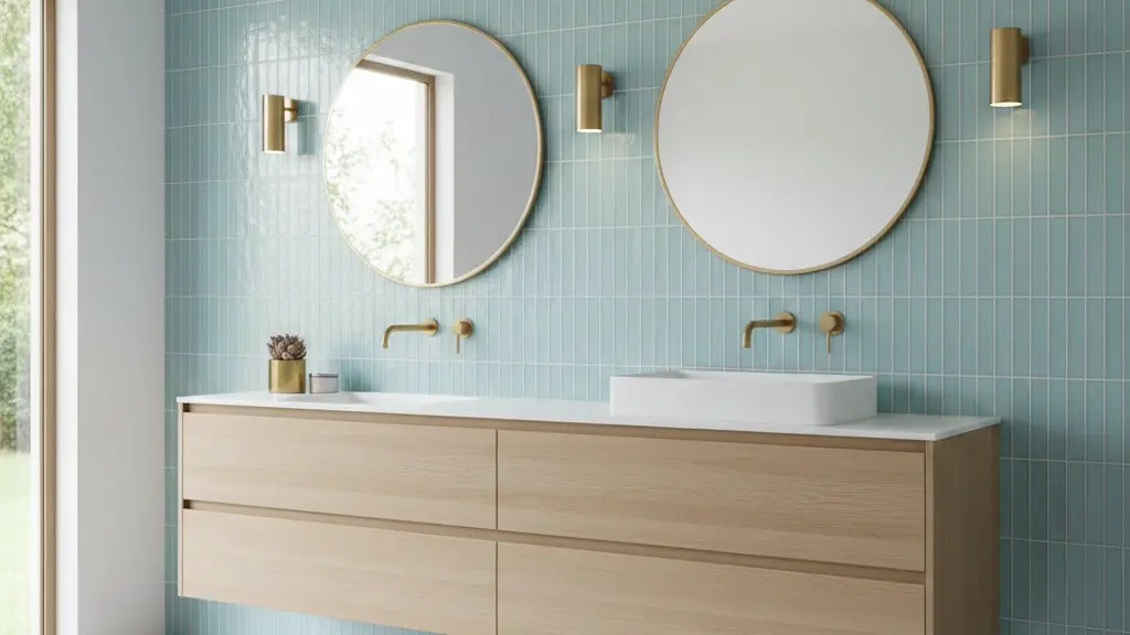 Glossy blue vertical stacked wall tile in modern bathroom