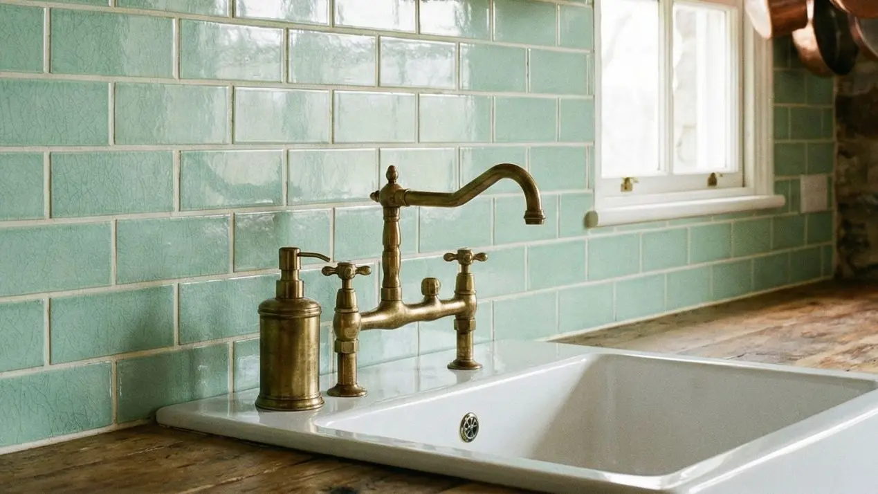 Green subway tile backsplash with horizontal brick pattern in rustic kitchen