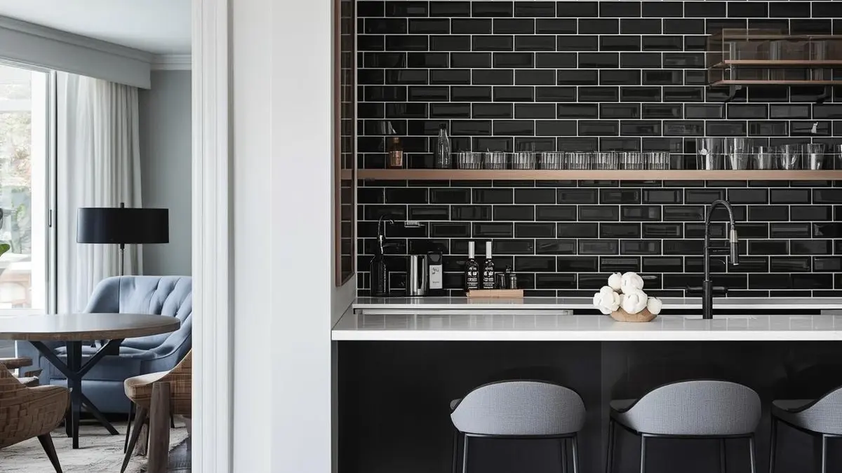 Black glossy subway tile backsplash with horizontal brick pattern in modern bar area