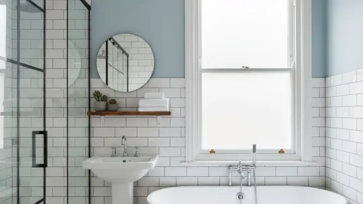 White subway tile bathroom with sink, mirror, shower, and tub