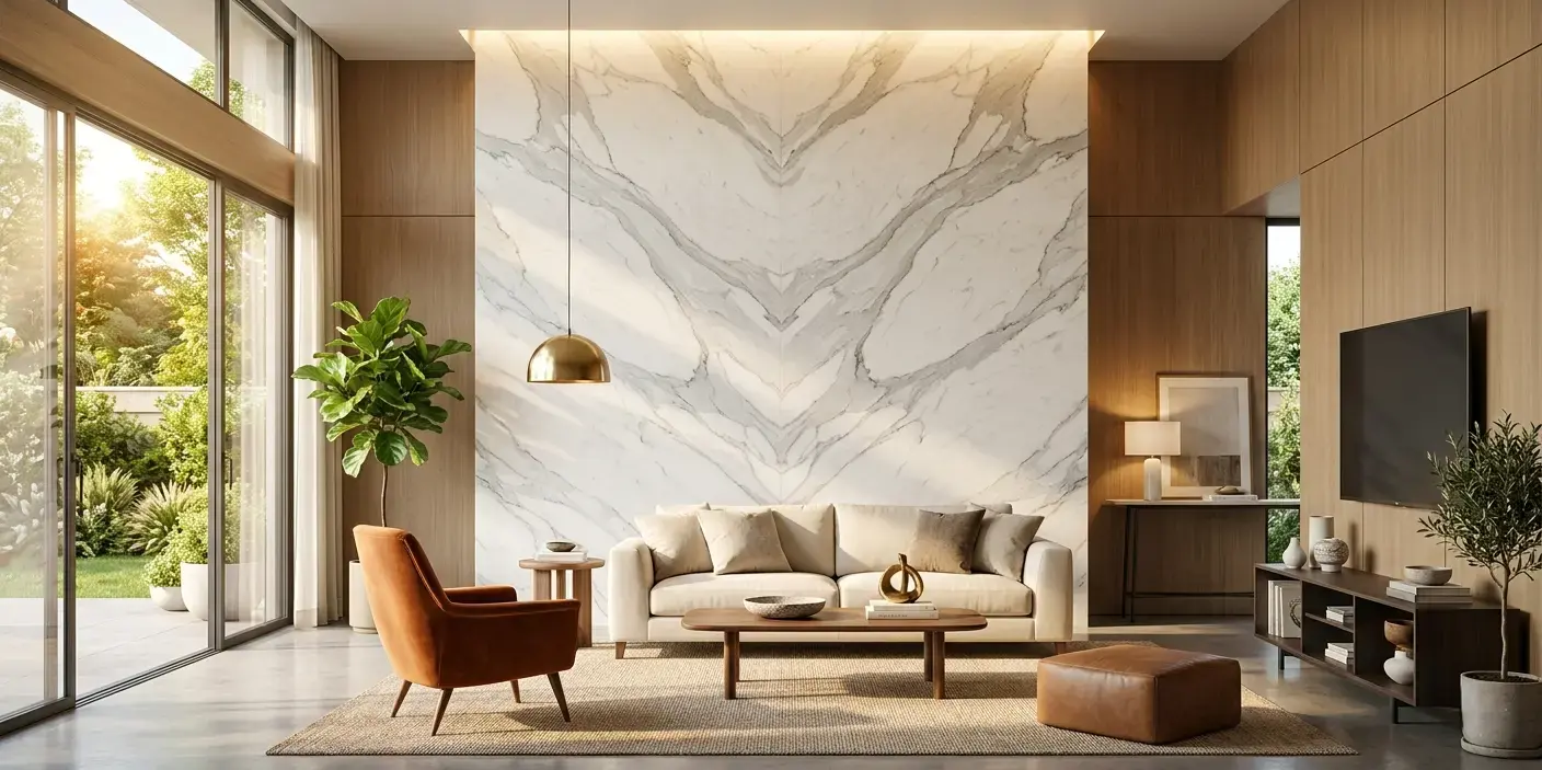 Conceptual rendering of a book-matched white marble slab feature wall with flowing gray veining in a living room