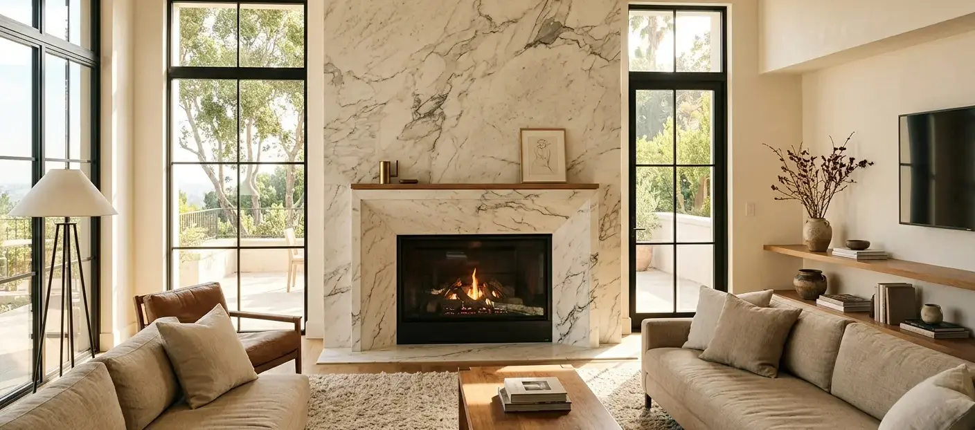 Conceptual rendering of a leathered marble slab fireplace surround with subtle texture and natural gray veining detail