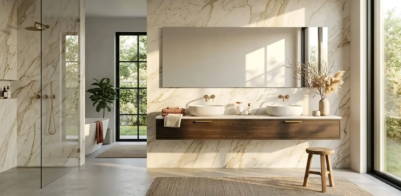 Conceptual rendering of a honed marble slab backsplash in a modern bathroom with floor-to-ceiling wall cladding
