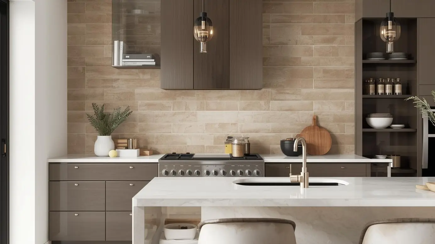 Travertine subway tile as kitchen backsplash showing it's earthy colors