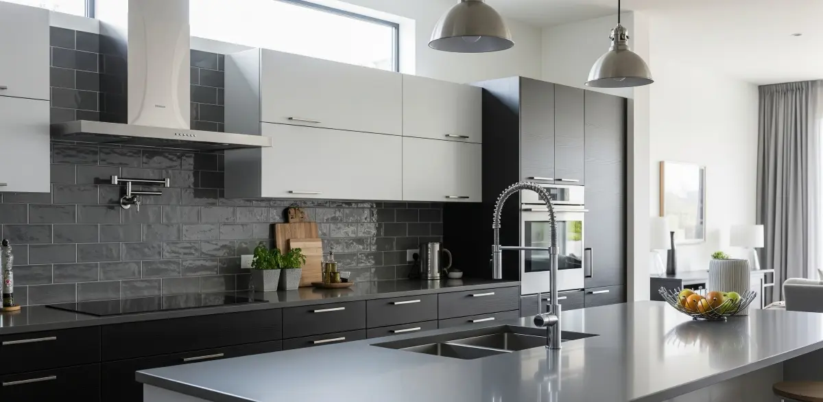 Grey kitchen tiles backsplash reflecting beauty and warmth