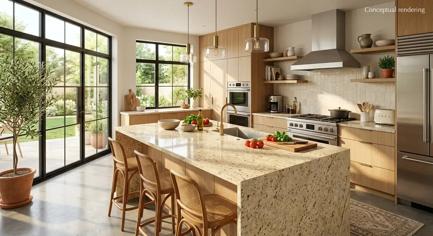 Conceptual rendering of beige granite slab in kitchen island setting