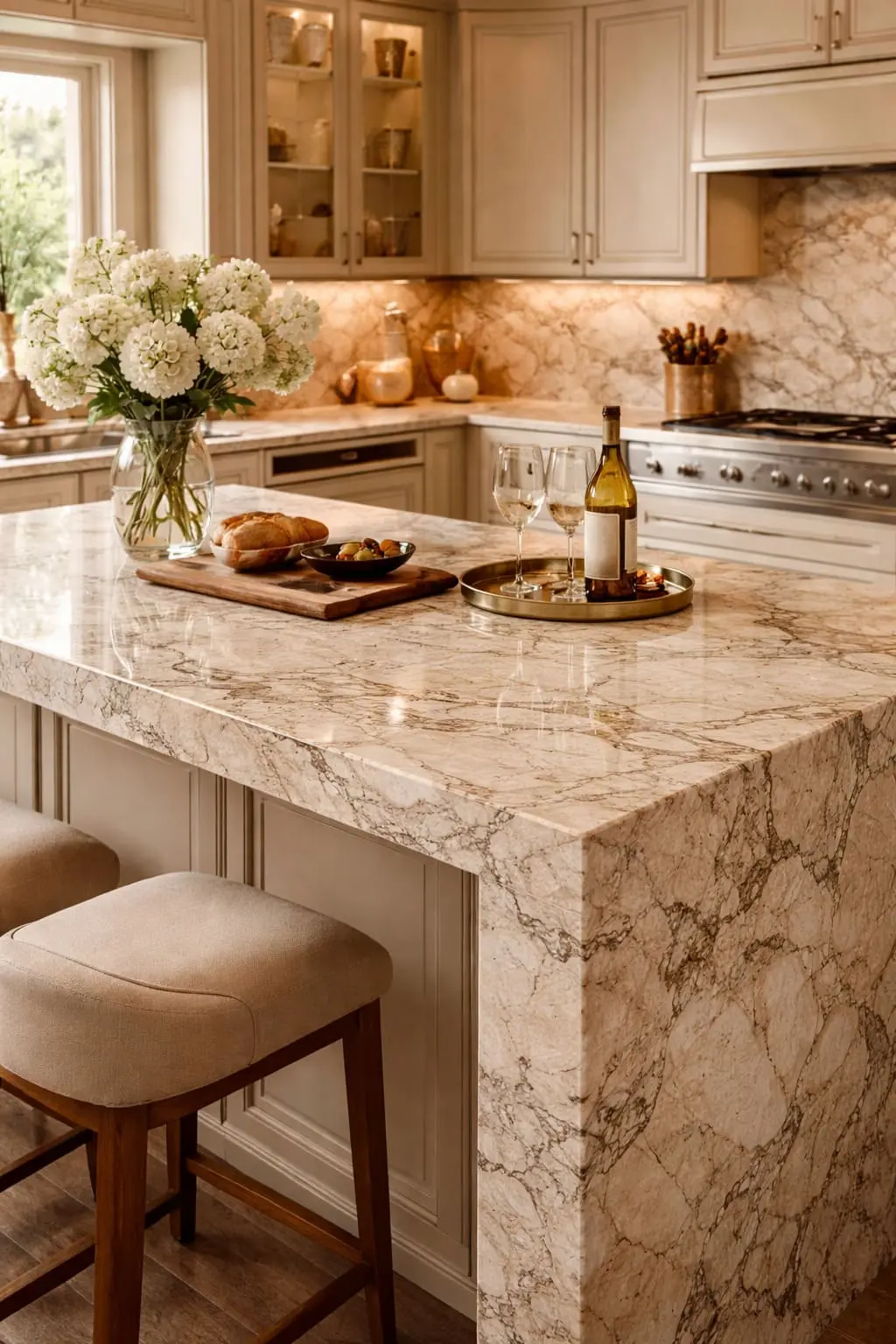 Conceptual rendering of beige dolomite slab in kitchen island setting