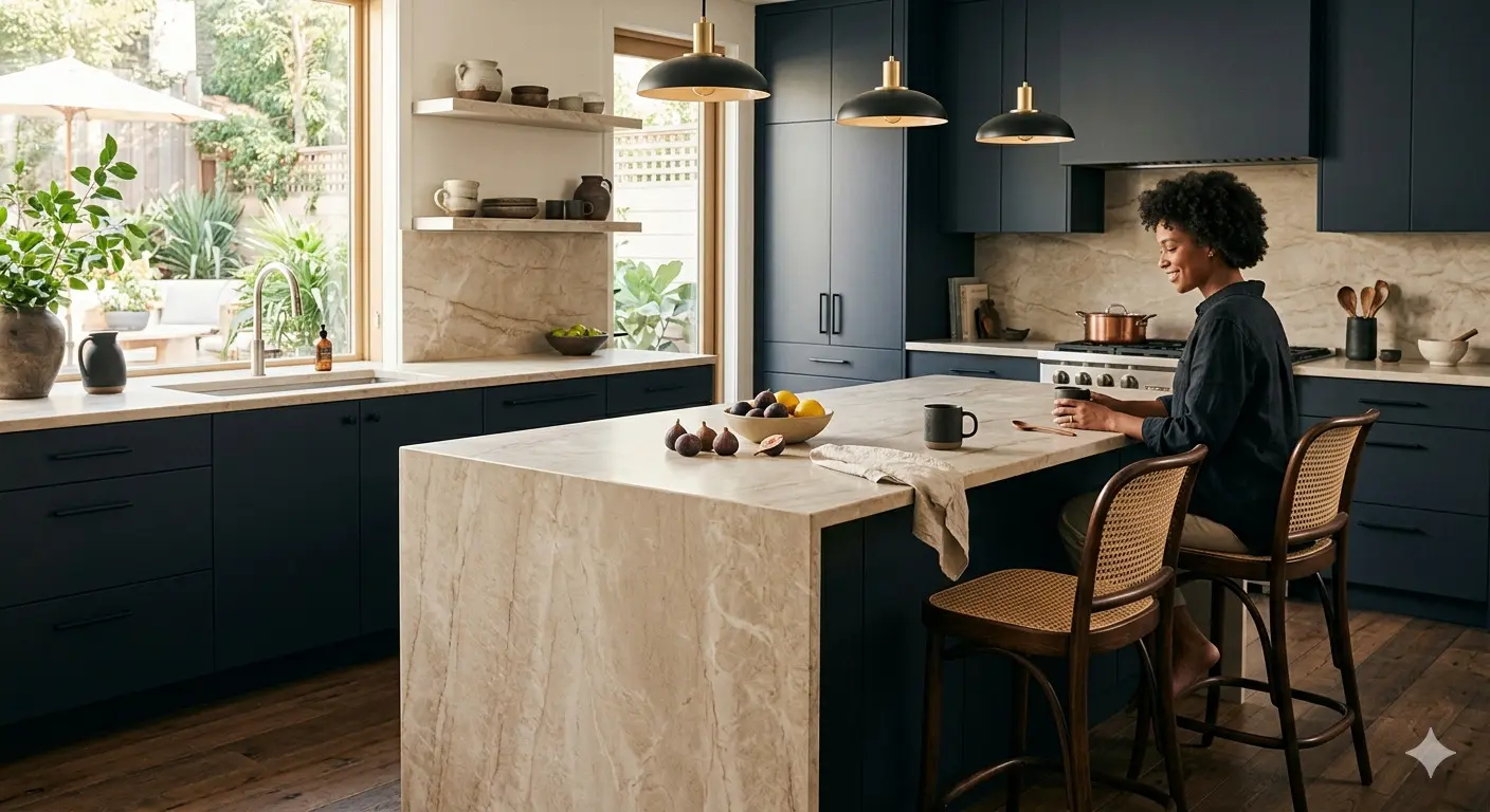 Conceptual rendering of beige quartzite in kitchen island