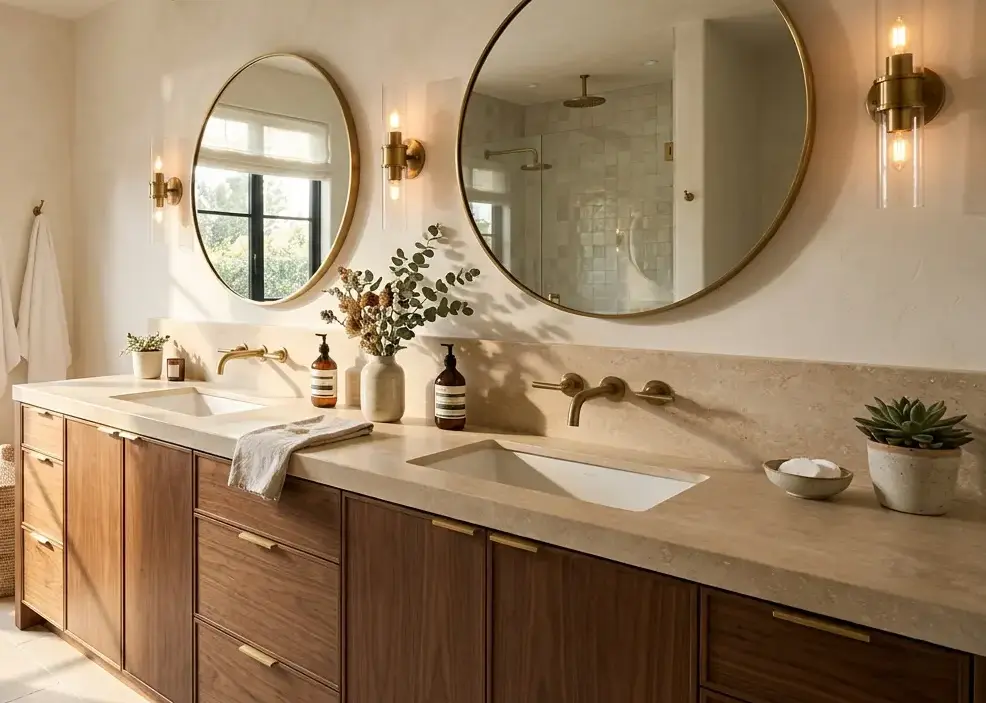 Conceptual rendering of a honed beige countertop slab installed on a double bathroom vanity with warm wood cabinetry