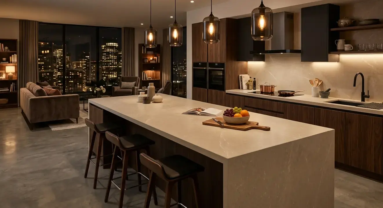 Conceptual rendering of a large-format beige countertop slab in an open-plan kitchen and island configuration
