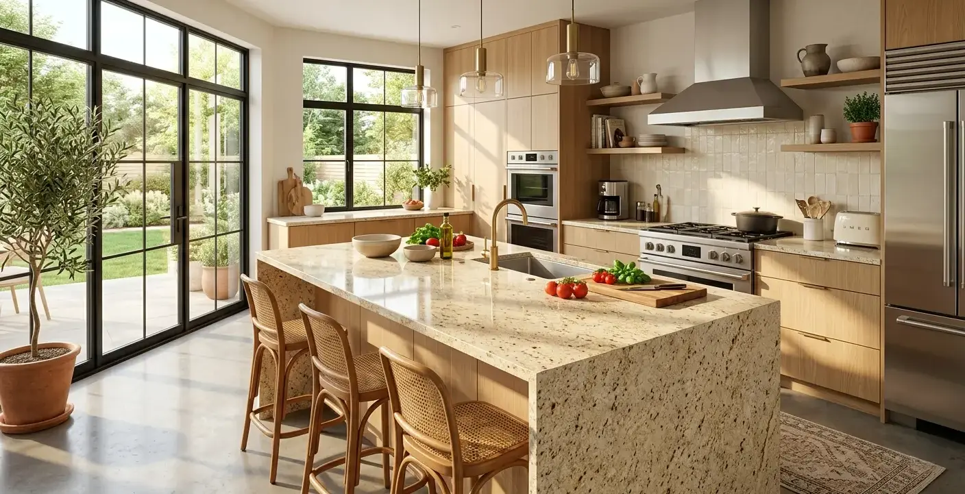 Conceptual rendering of a beige granite countertop slab with warm cream and gold speckle pattern in a modern kitchen