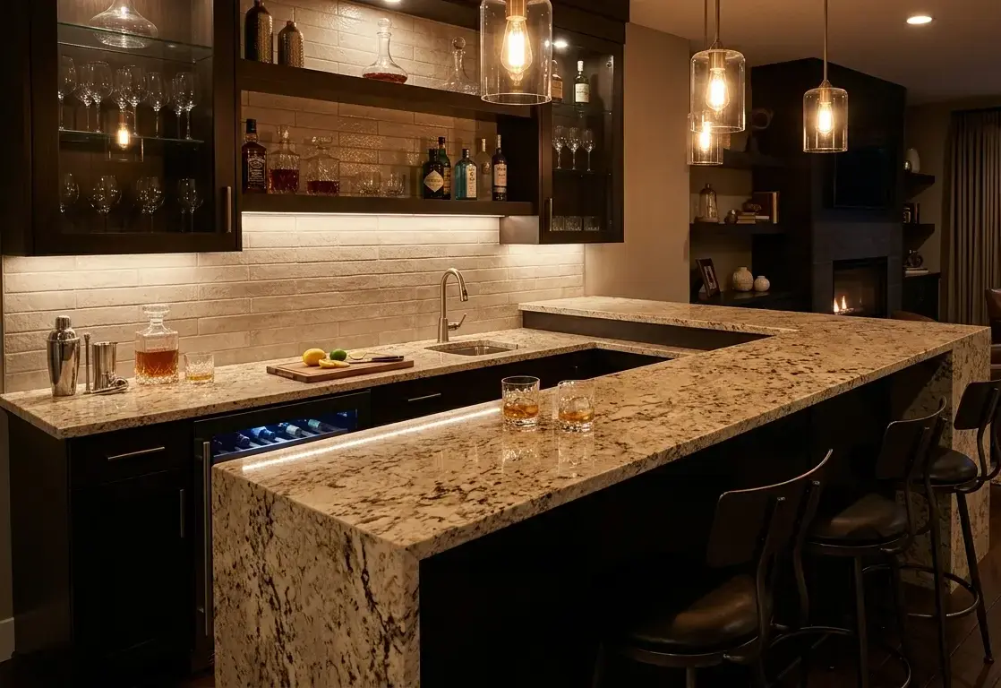 Conceptual rendering of a polished beige granite bar top with waterfall edge in a residential wet bar