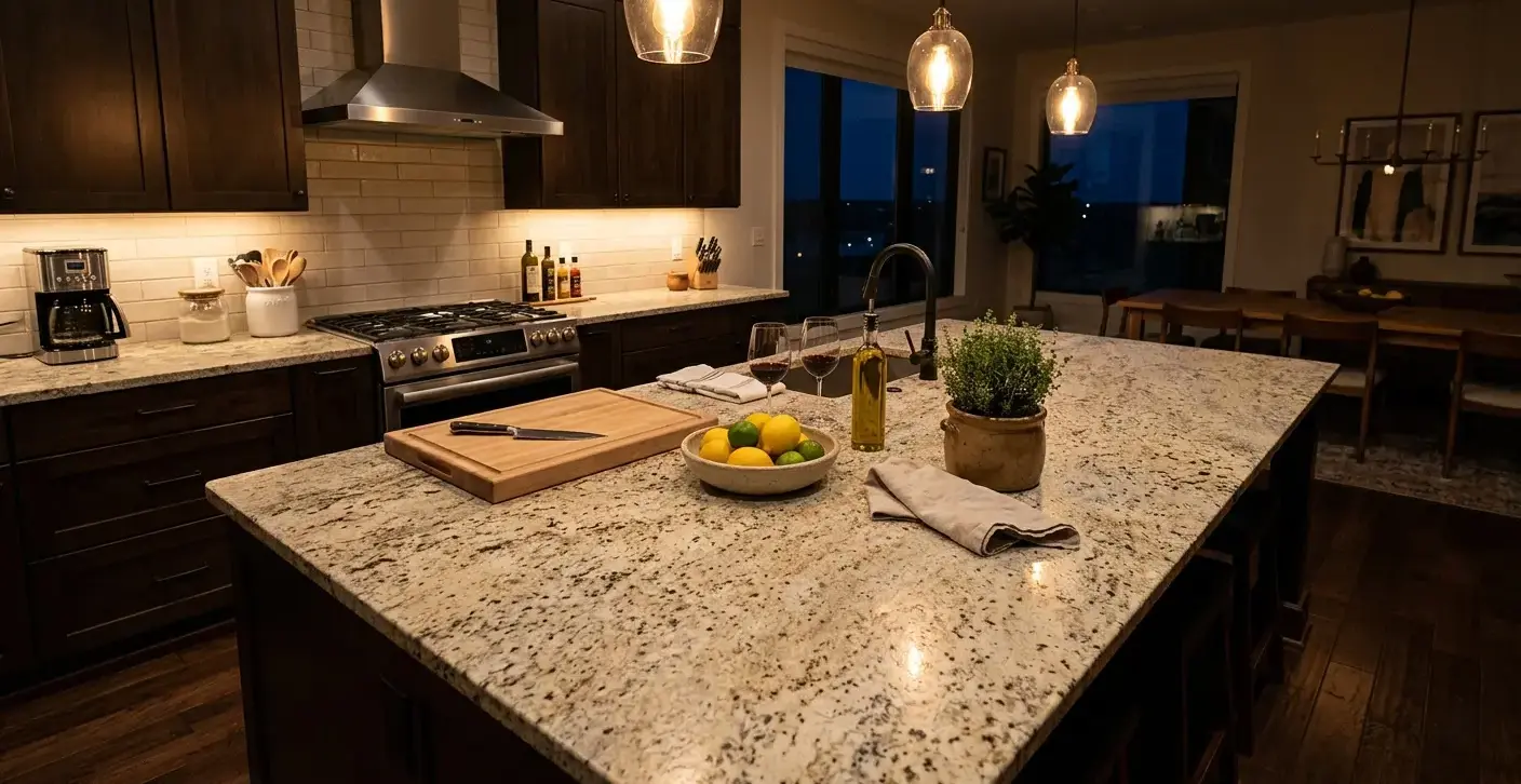 Conceptual rendering of a leathered finish beige granite countertop slab showing natural speckled texture detail