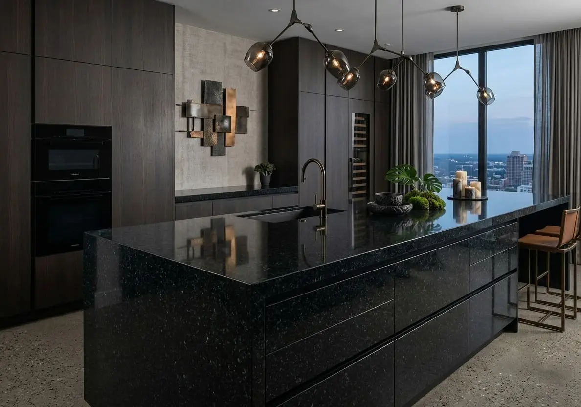 Conceptual rendering of a black granite kitchen island