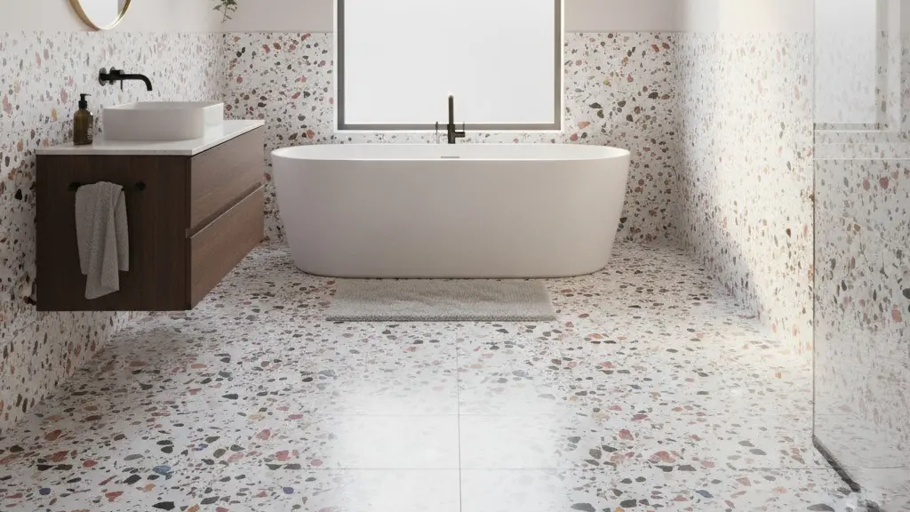 Terrazzo 24x24 Matte Finish Porcelain Tile used as an aesthetic complement in bathroom wall and florring