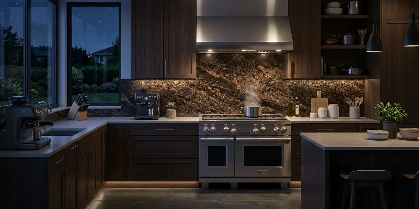 Conceptual rendering of a polished brown granite slab backsplash installed behind a kitchen range with warm espresso tones and speckled mineral movement