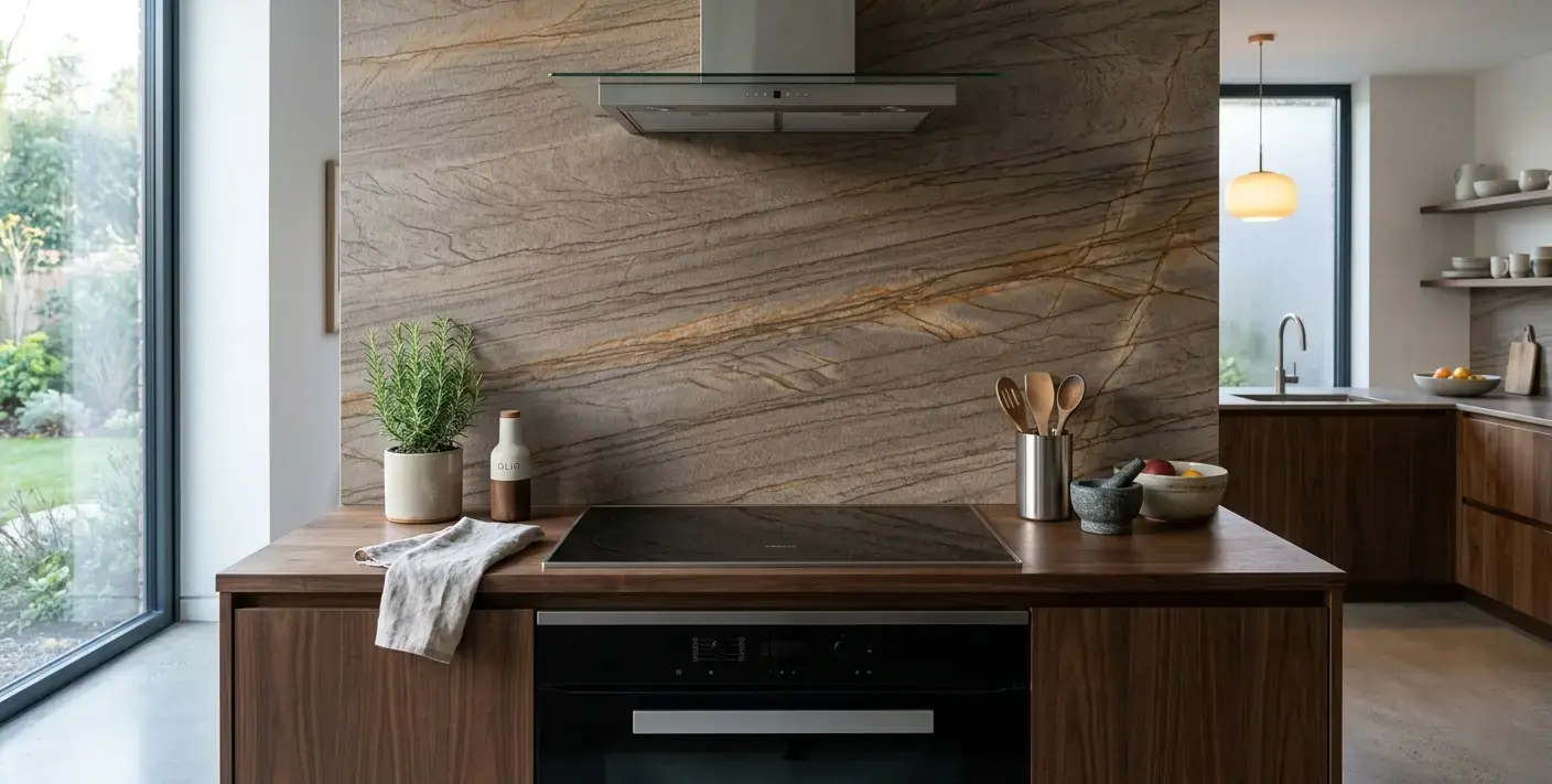 Conceptual rendering of a leathered brown quartzite slab backsplash with linear veining in taupe and amber tones behind a modern kitchen cooktop