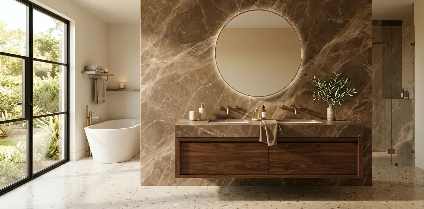Conceptual rendering of a honed brown marble slab backsplash on a full-height bathroom vanity wall with soft flowing veining in cream and mocha