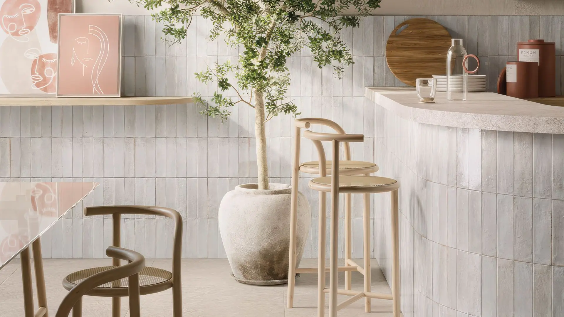 Cyprus Bianco 2x9 white ceramic subway tile installed in vertical stacked pattern