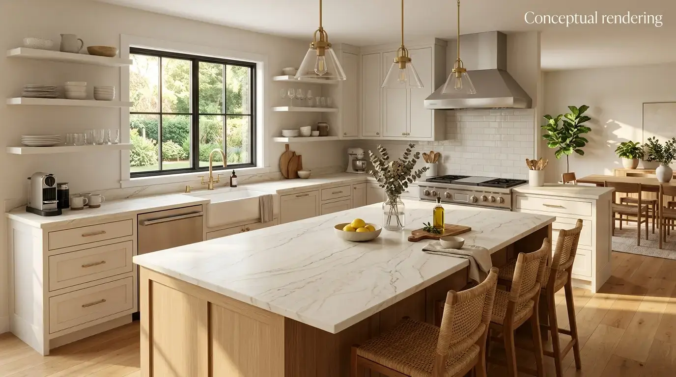 Conceptual rendering of quartzite kitchen countertop