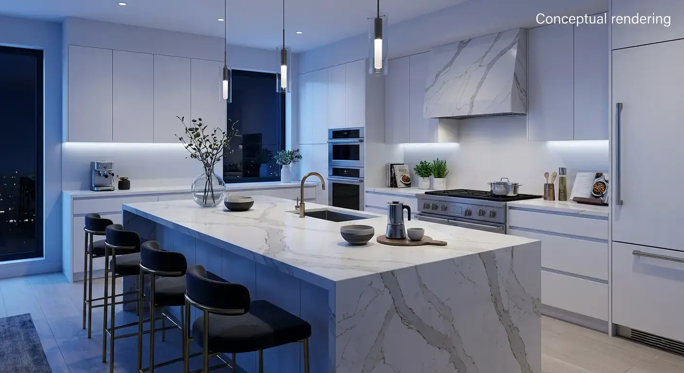 Conceptual rendering of quartz kitchen island