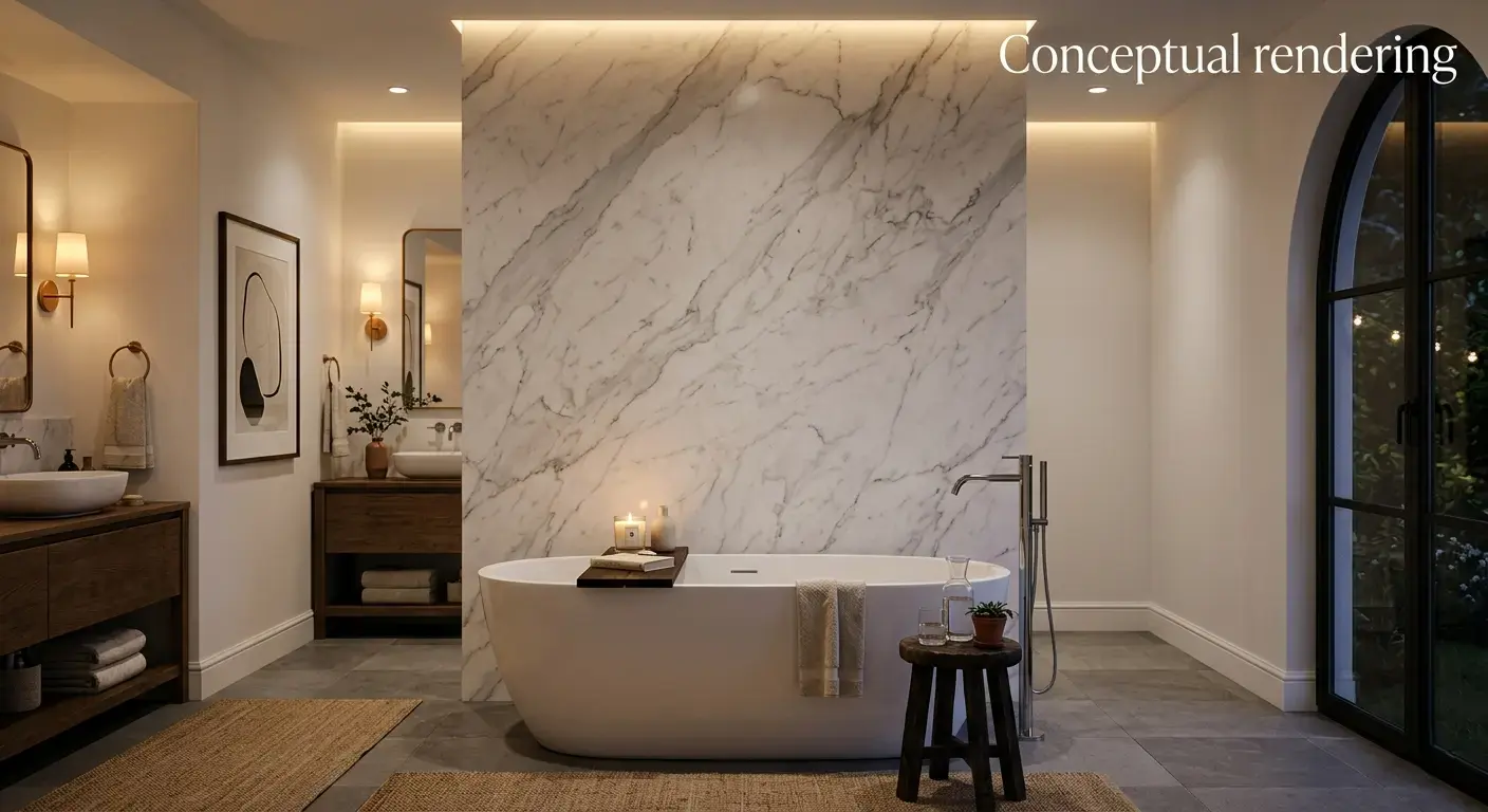 Conceptual rendering of Carrara marble slab backsplash vertical bathroom