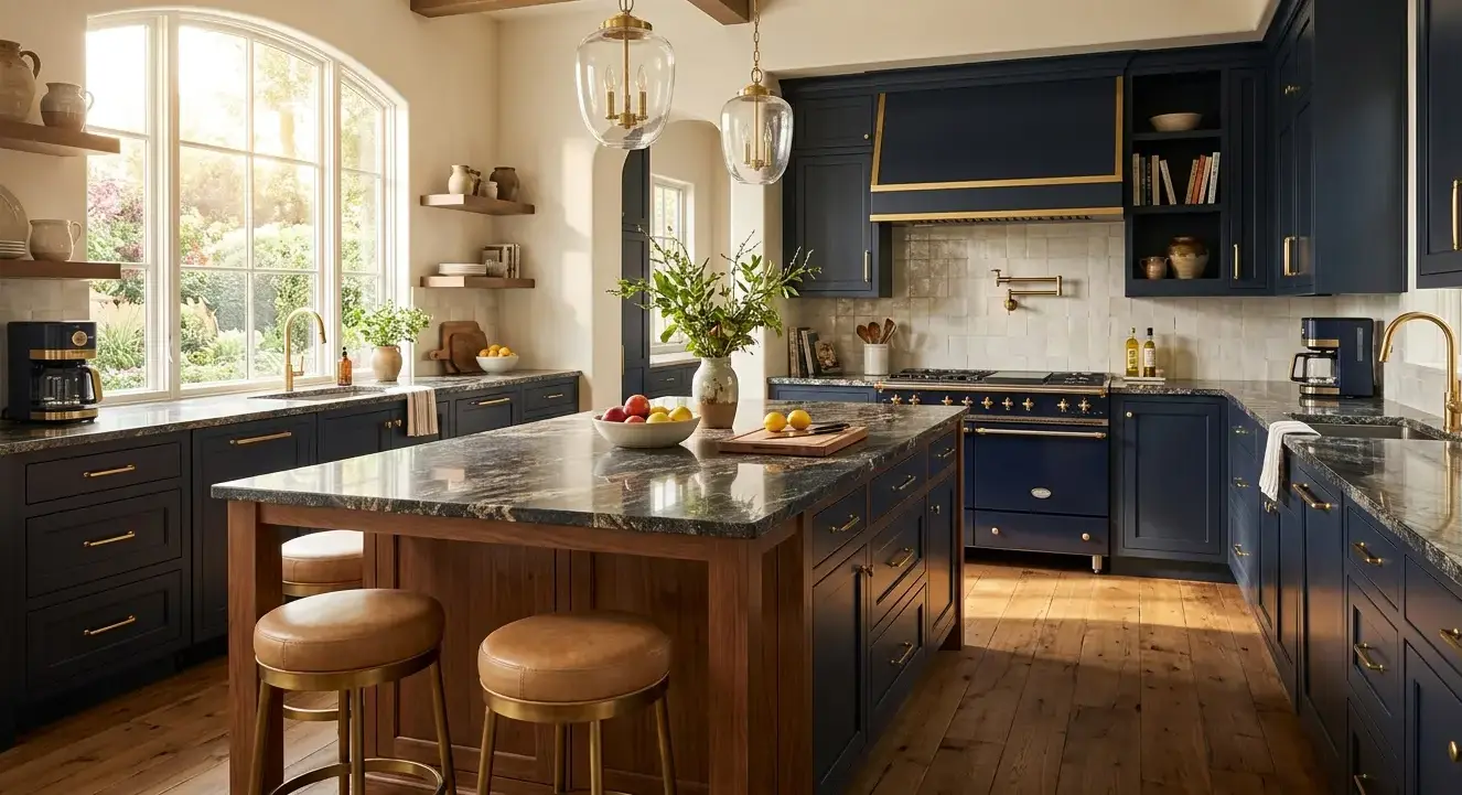 Conceptual rendering of a brown kitchen island design with dark navy cabinetry, gold hardware, and a continuous granite slab countertop