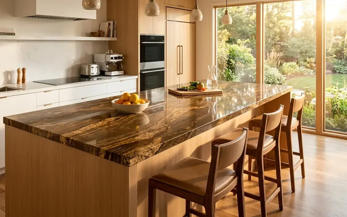 Conceptual rendering of a polished brown granite kitchen island slab with flowing gold veining on a white quartz countertop surround