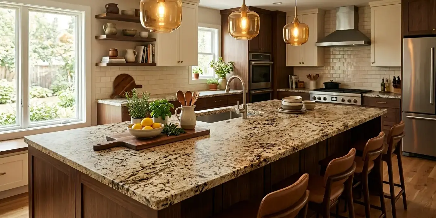 Conceptual rendering of a honed brown granite kitchen island slab with cream and black secondary tones under warm pendant lighting