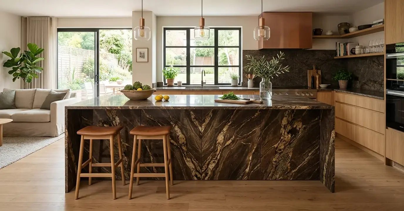 Conceptual rendering of a brown granite waterfall edge kitchen island with vertical bookmatched slab panels in an open-plan kitchen