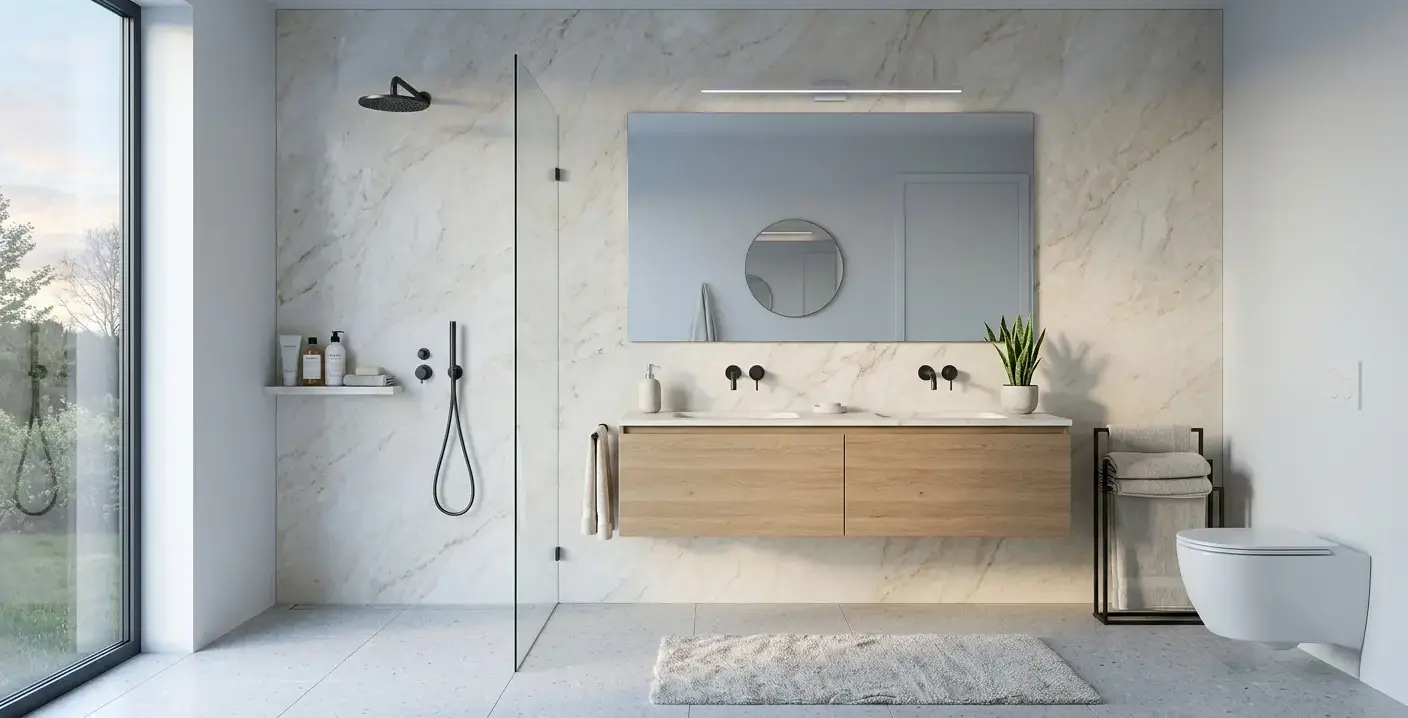 Conceptual rendering of a honed cream marble backsplash slab installed as a full wet-wall surround in a modern bathroom
