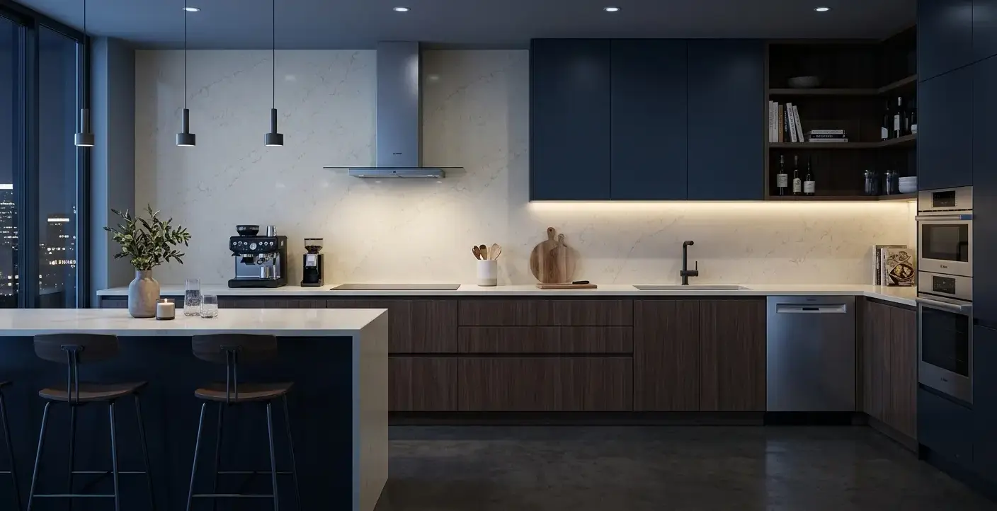 Conceptual rendering of a cream quartz backsplash slab with uniform light ivory patterning in a contemporary kitchen design