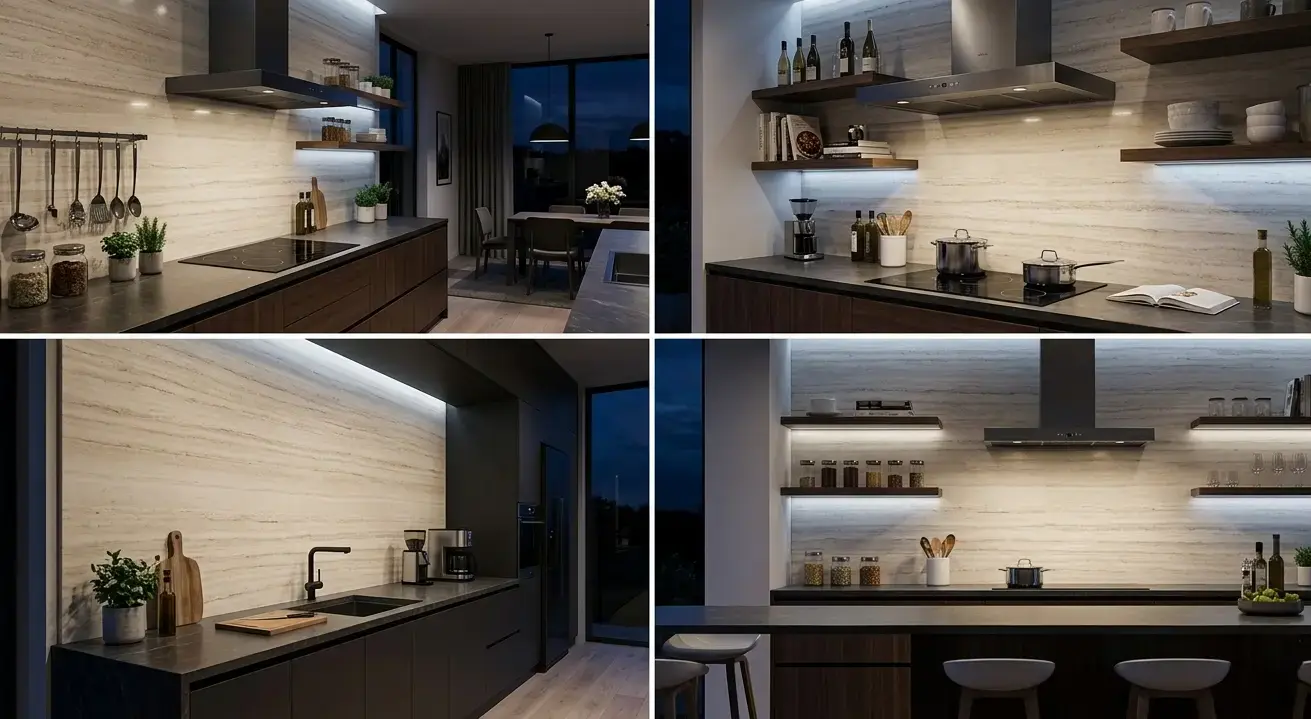 Conceptual rendering of a full-height cream backsplash slab with horizontal veining orientation in an open-plan kitchen