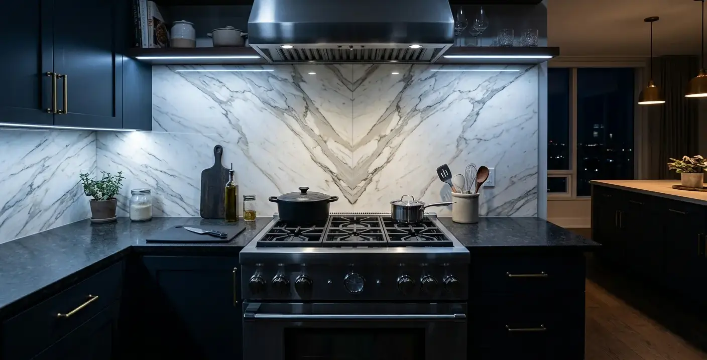 Conceptual rendering of bookmatched cream backsplash slabs with mirrored veining pattern behind a kitchen range