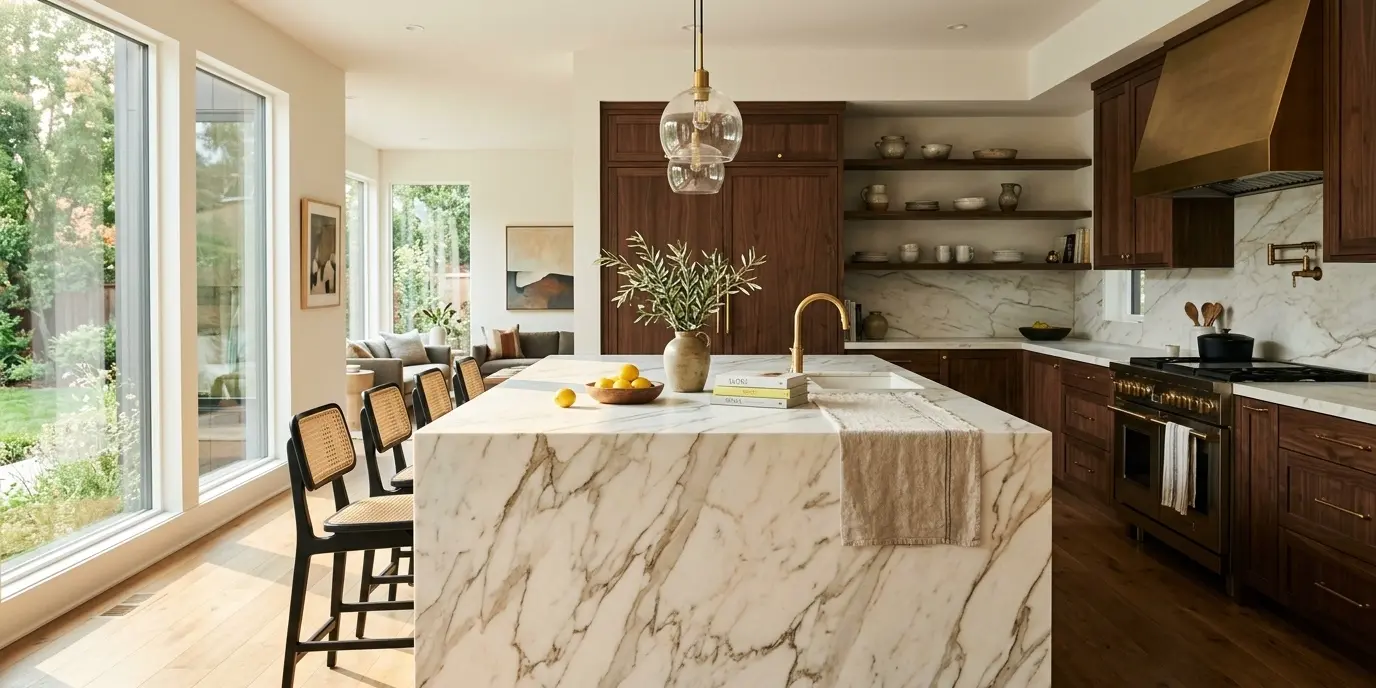 Conceptual rendering of honed Calacatta gold marble slab installed as modern kitchen island