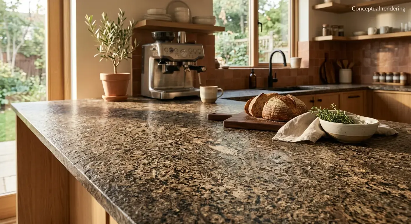 Conceptual rendering of leathered brown countertop
