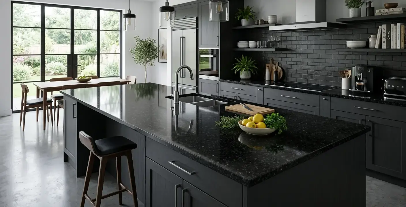 Conceptual rendering of a polished Black Granite dark countertop slab with jet-black crystalline surface on a kitchen island 