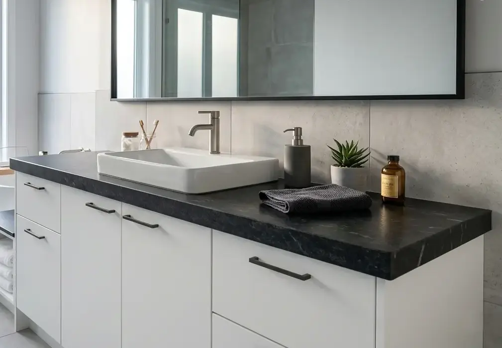 Conceptual rendering of a honed Nero Assoluto dark countertop in a modern bathroom vanity with white cabinetry