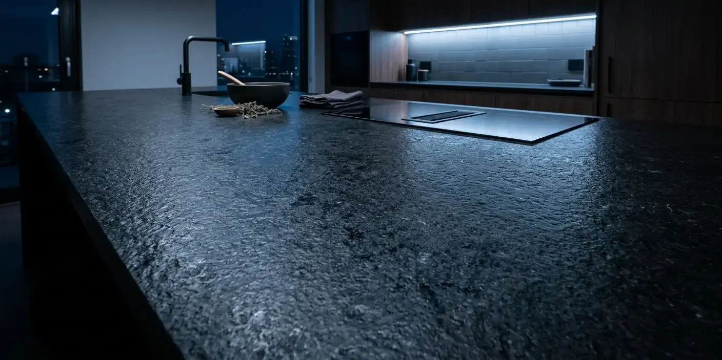 Conceptual rendering of a leathered Black Granite dark countertop slab surface showing tactile texture close-up