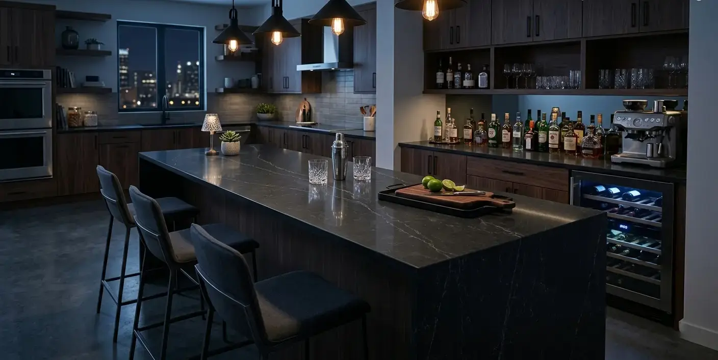 Conceptual rendering of a Charcoal Black Quartz dark countertop with subtle grey linear veining on a bar top