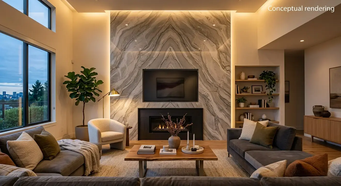 Bianco Superiore quartzite slab as a living room accent feature wall