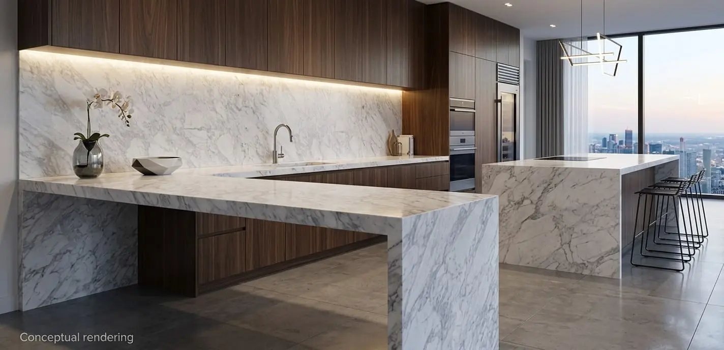 Conceptual rendering of luxury kitchen featuring a seamless Carrara Marble countertop island and matching backsplash