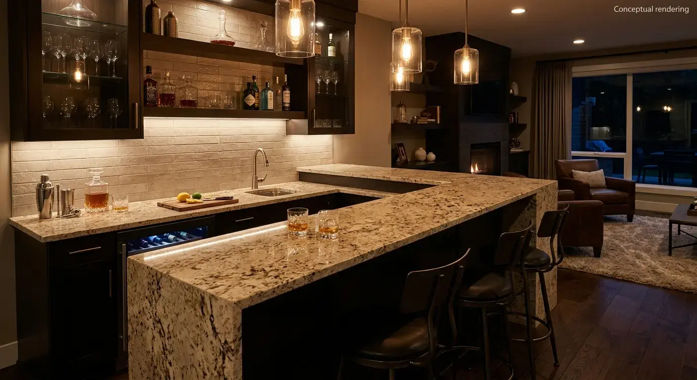 Conceptual rendering of beige granite countertop
