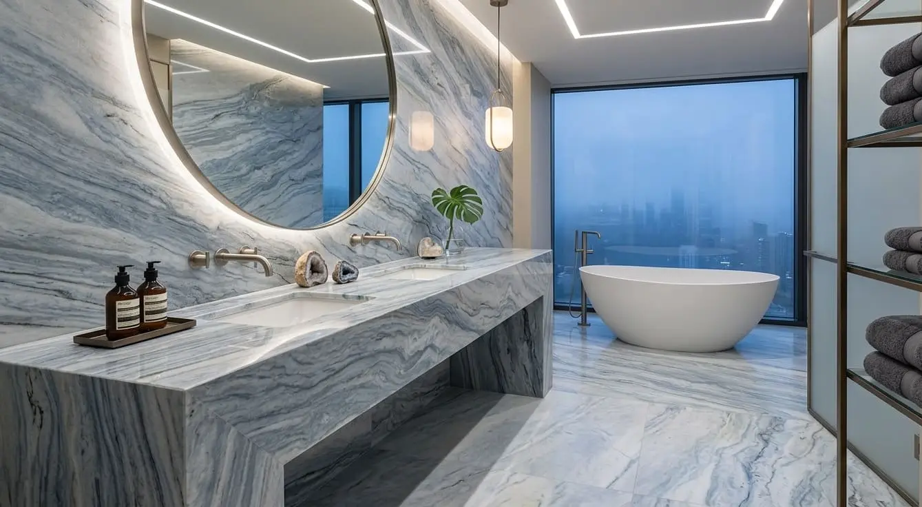 Conceptual rendering of quartzite bathroom vanity and wall