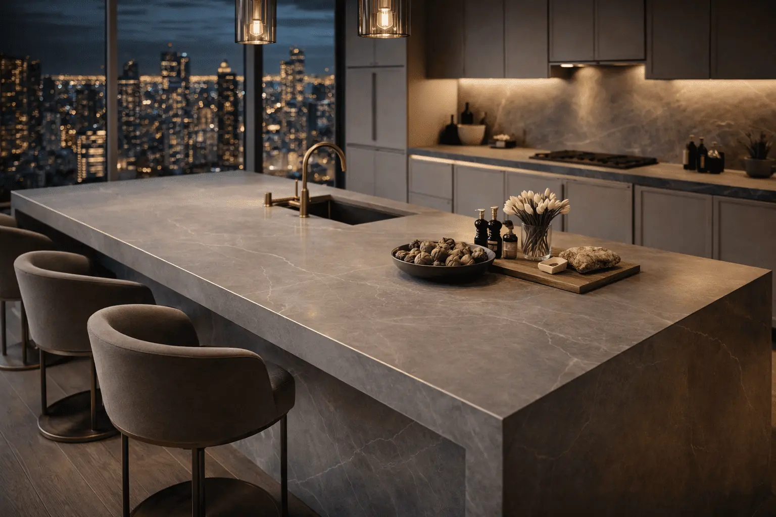 Conceptual rendering of a honed grey porcelain slab kitchen island with subtle veining, brass faucet, and city skyline view at night