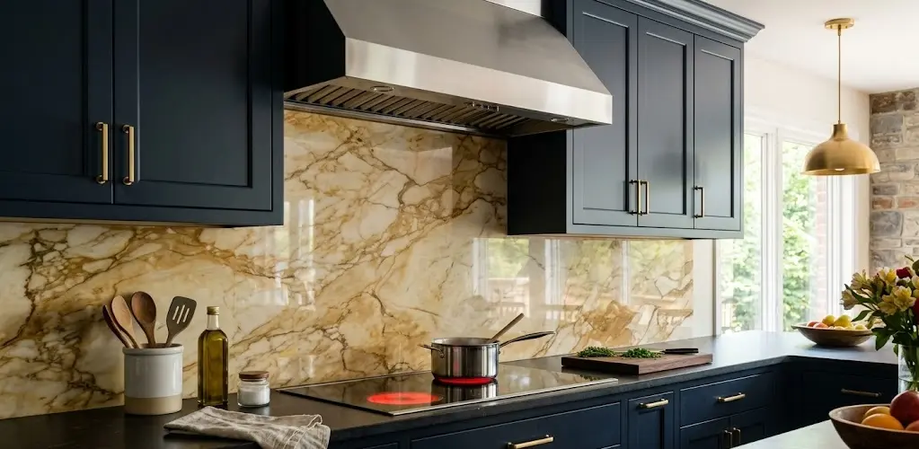 Conceptual rendering of a gold backsplash slab in a kitchen setting