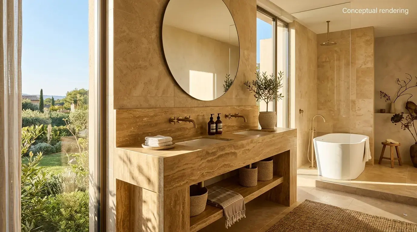 Conceptual rendering of gold backsplash slab used in a luxury bathroom