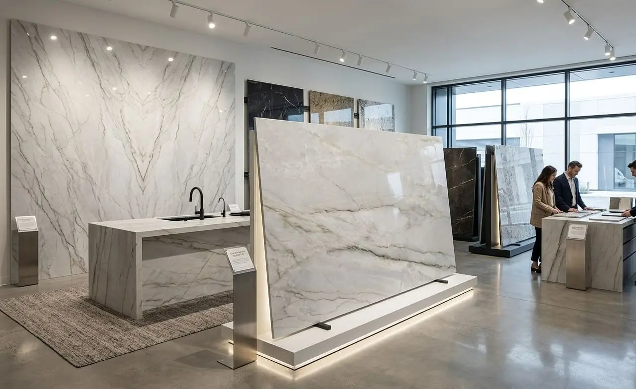 Natural stone slab showroom with customers browsing marble and quartzite selections
