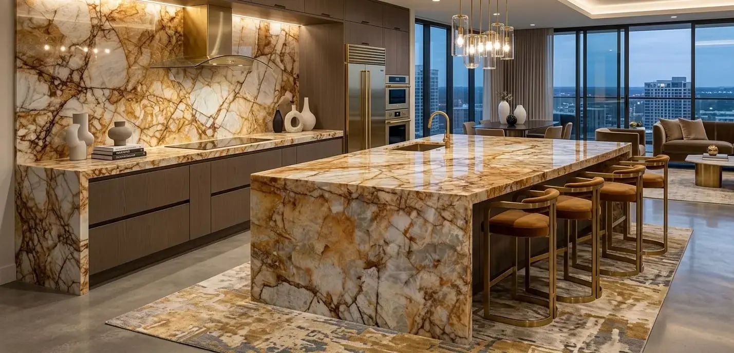 Conceptual rendering of polished gold quartzite slab for backsplash and countertop use